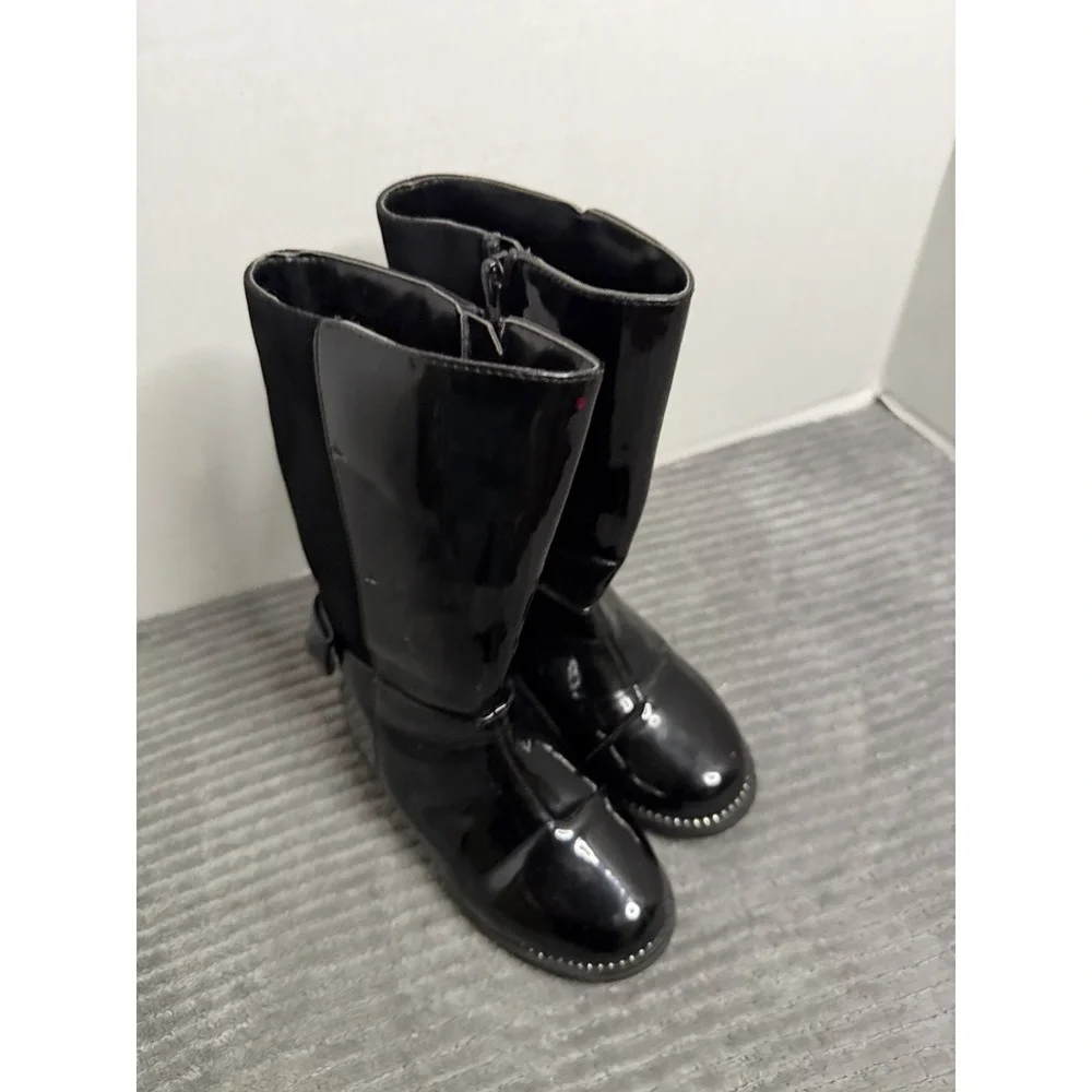 Place Girls Black Leather Round Toe Zipper Mid Calf Chelsea Boots Size 8